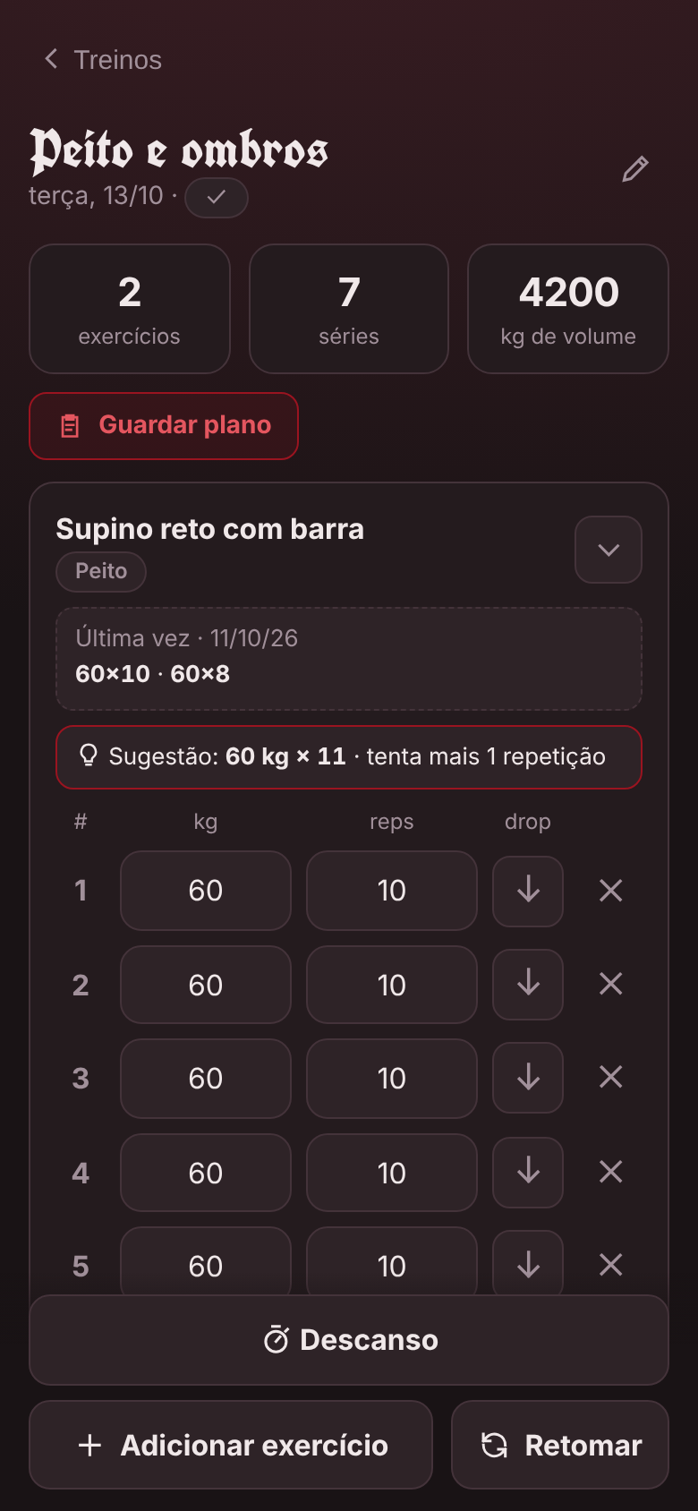 Registo de um treino com séries